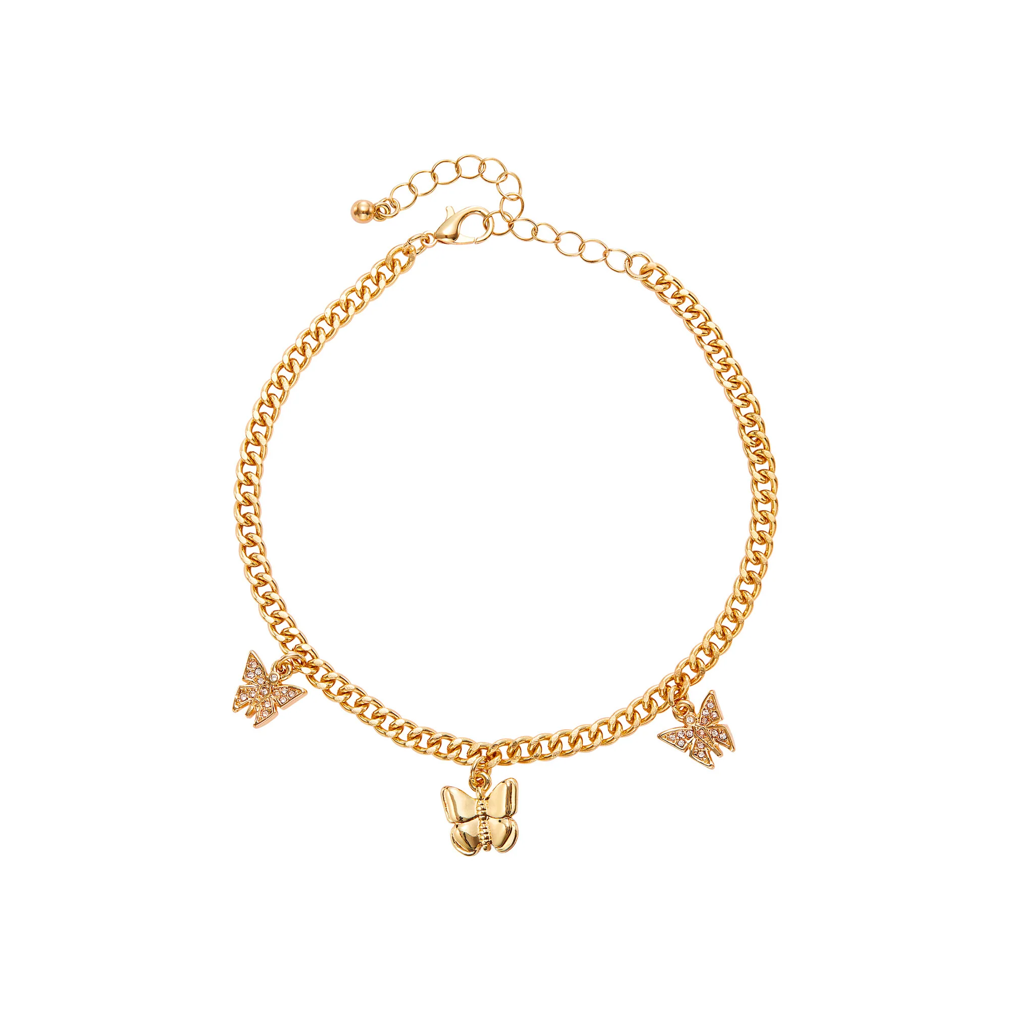 ARRIA Butterfly Charm Curb Chain Anklet for Women - 14K Gold Plated & White Gold Tone