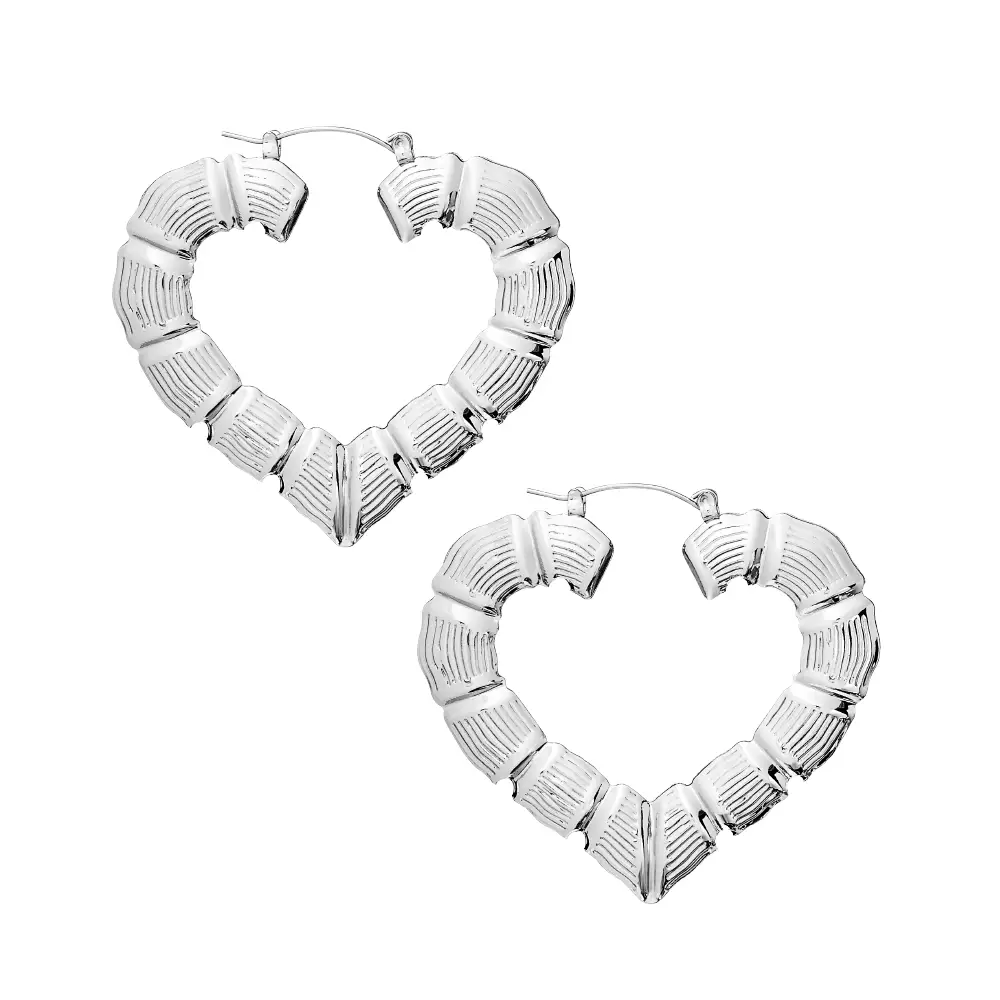 Arria Gold & White Gold Tone Bamboo Heart Hoop Earrings – 58mm - Image 2