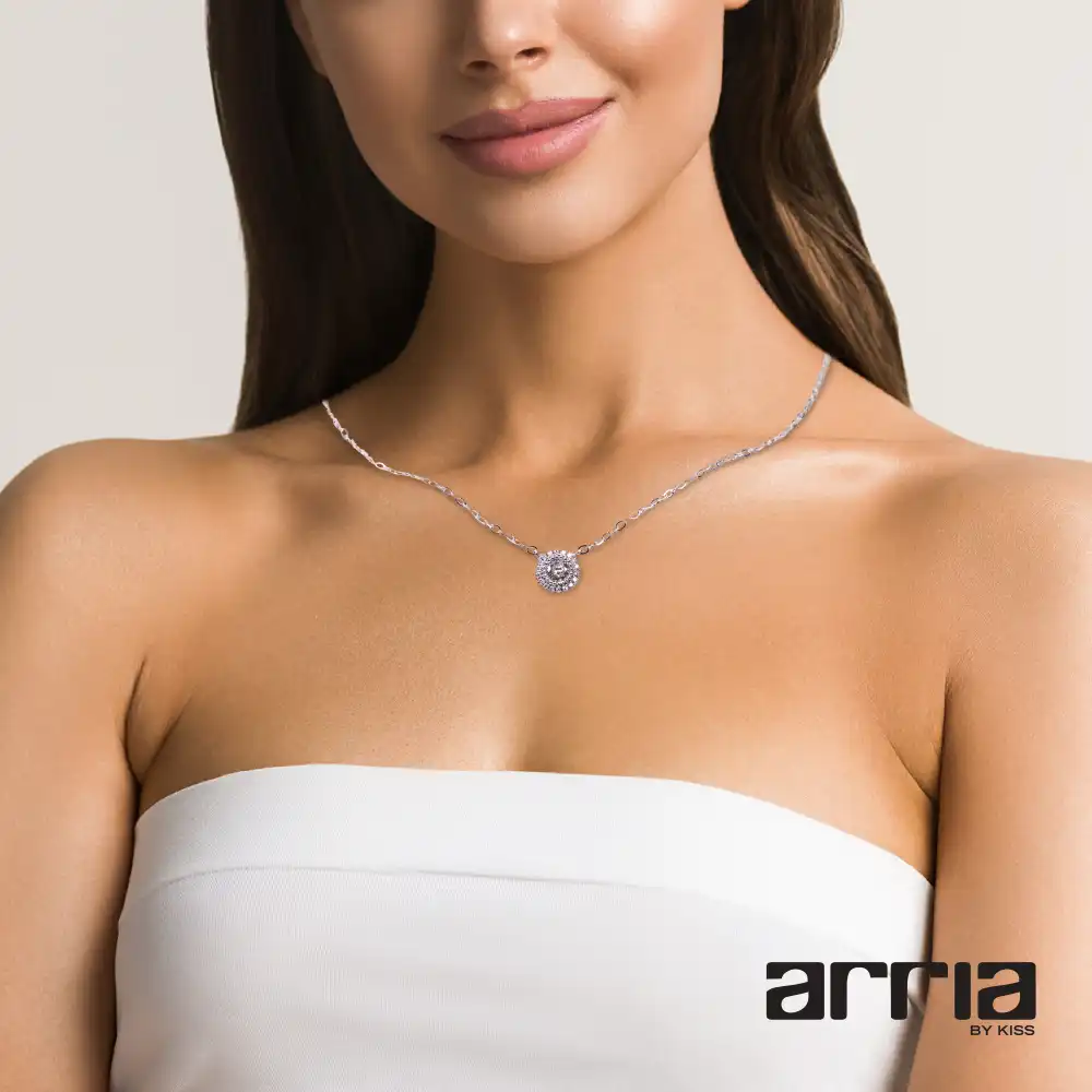 Arria Premium White Gold Tone Cubic Zirconia Round Button Pendant Necklace - Image 2